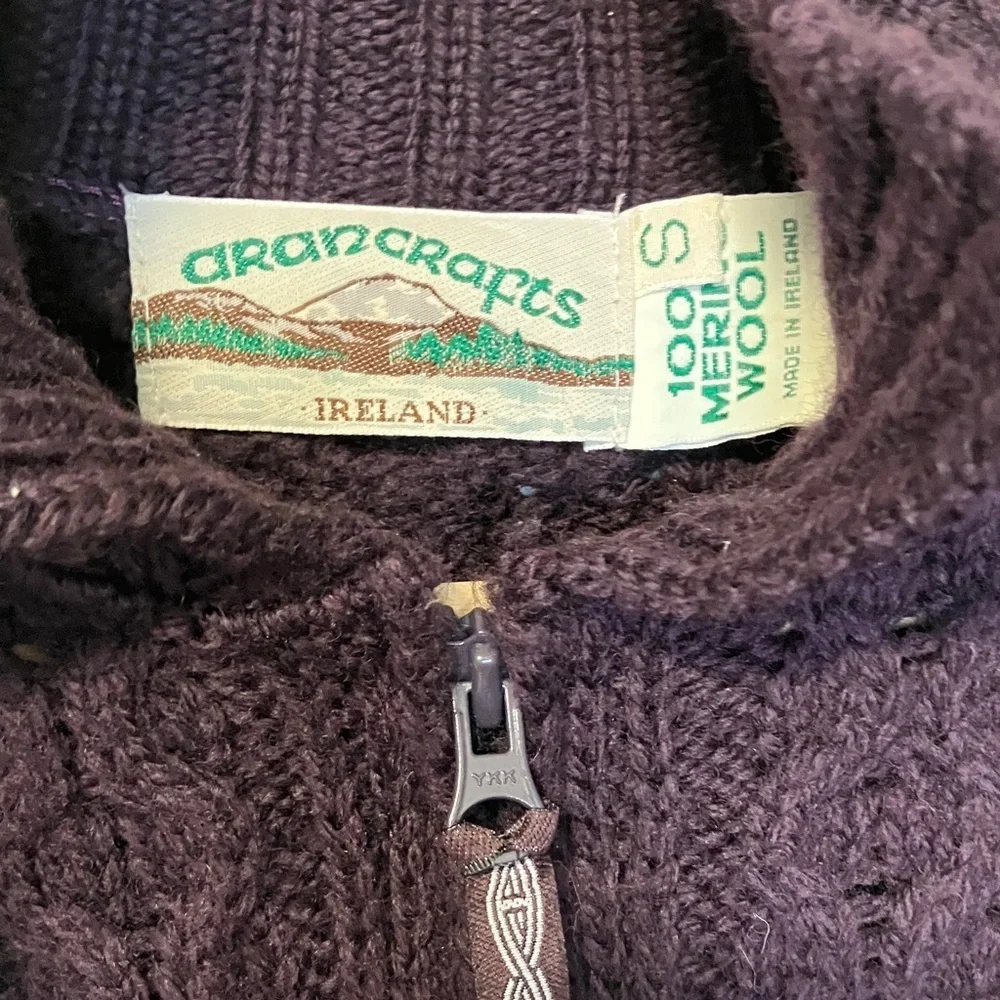Aran Crafs 100% Merino Wool Men's Cable Knit Sweater Full Zip Cardigan - Purple - Picture 2 of 4